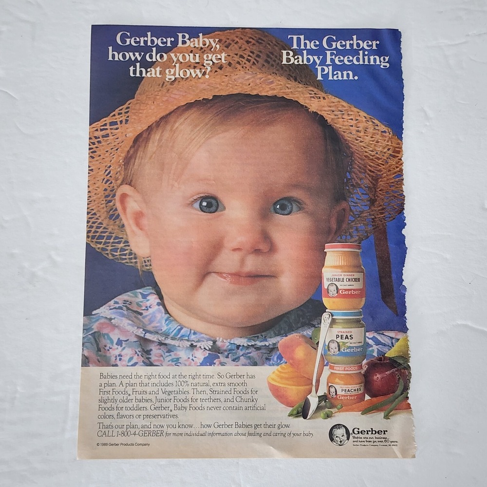 Vintage Print Ad GERBER Baby blue eyed straw hat food clipping 1989